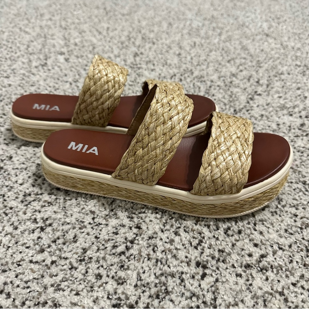 MIA Braided Straw Double Strap Platform Sandals in Natural and Brown